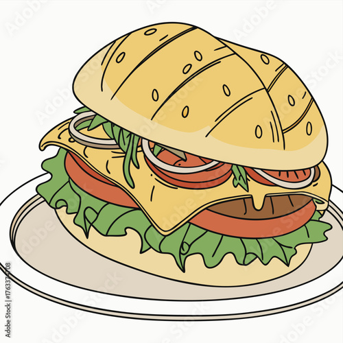 Burger Delight: A mouthwatering, hand-drawn illustration captures the essence of a perfect burger, fresh, vibrant, and ready to enjoy.