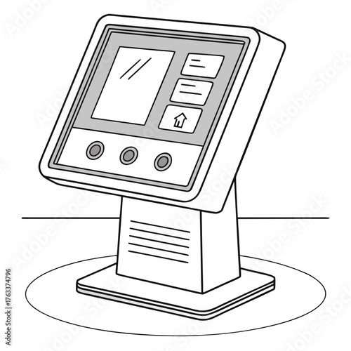 Interactive Kiosk Interface: A modern, sleek interactive kiosk, featuring a user-friendly interface with a clear screen and intuitive buttons.