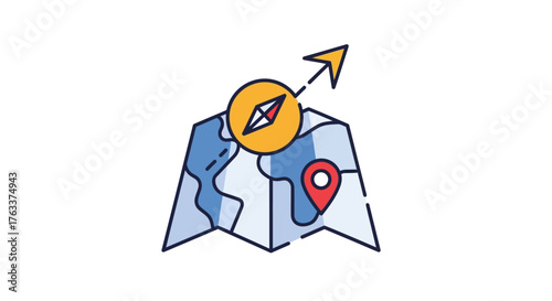 Map with Compass and Location Pin Icon for Travel and Navigation.