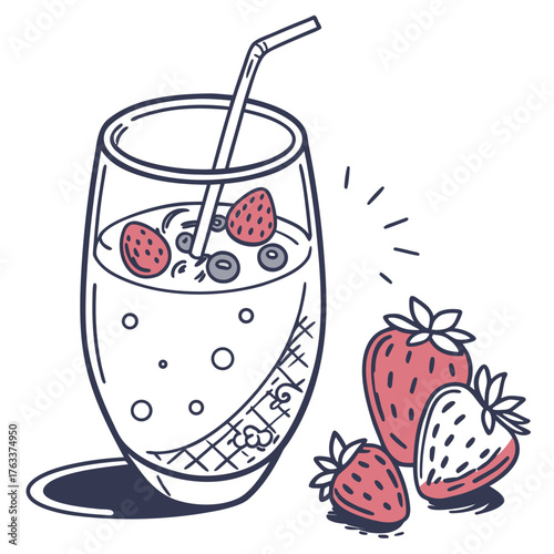 Berry Smoothie: A refreshing berry smoothie, presented in a stylish glass, adorned with fresh strawberries and blueberries, promising a burst of fruity delight. 
