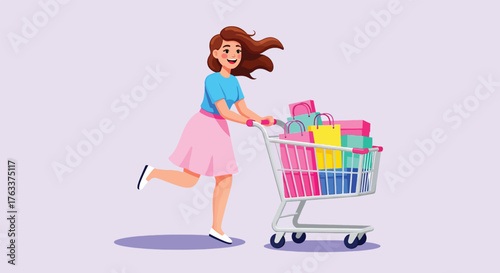 Cheerful woman pushing a full shopping cart with colorful gifts and purchases.