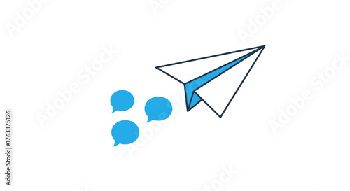 Paper airplane sending messages with blue speech bubbles icon.