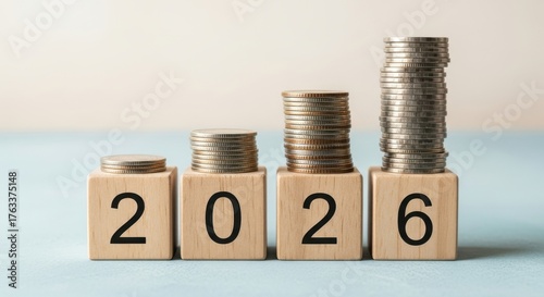 Financial growth in 2026 represented by stacks of coins on wooden blocks