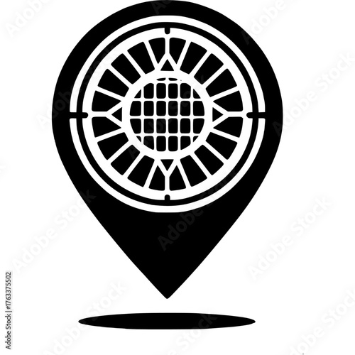 City Location Symbol: A black location symbol with a round pattern that could represent city infrastructure, such as a manhole cover or landmark, against a backdrop.