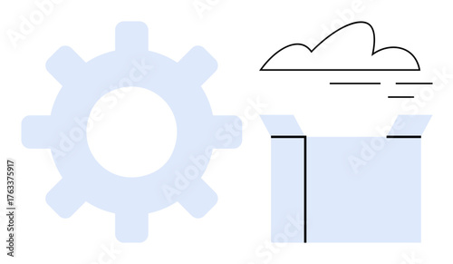 Large gear, open box, and cloud symbolize innovation, creativity, and problem-solving. Ideal for business, technology, brainstorming, process management startup ideas logistics simple flat