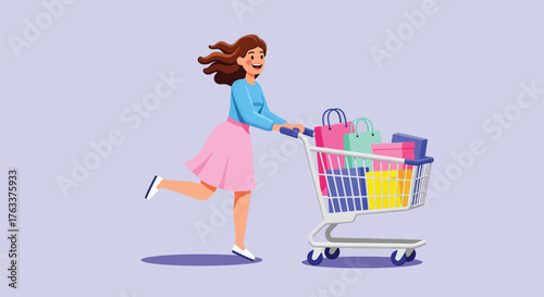Energetic Woman Pushing Fully Loaded Shopping Cart with Colorful Bags.