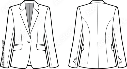 Women blazer jacket technical flat, vector fashion illustration, formal wear design, front and back view, apparel template, tailored coat sketch