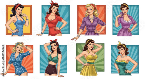 Charming collection of retro pinup girls in varied outfits and poses for vintage fashion