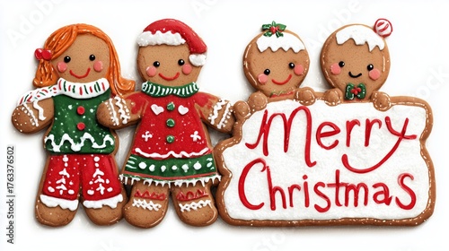 Gingerbread cookies with icing decorations presenting a merry christmas sign