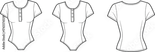 Women bodysuit fashion flat, vector technical drawing, front and back view, casual short sleeve apparel design, garment template illustration