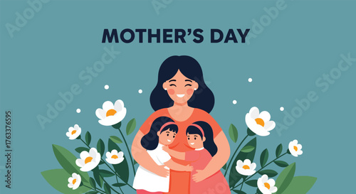 Happy Mothers Day illustration with a mother embracing her two daughters amidst blooming flowers
