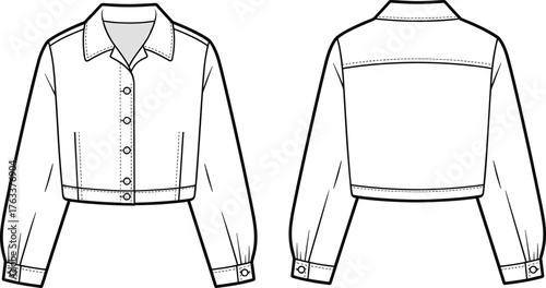 Women cropped jacket, fashion flat sketch, front and back view, technical clothing design, stylish outerwear template, modern apparel vector illustration