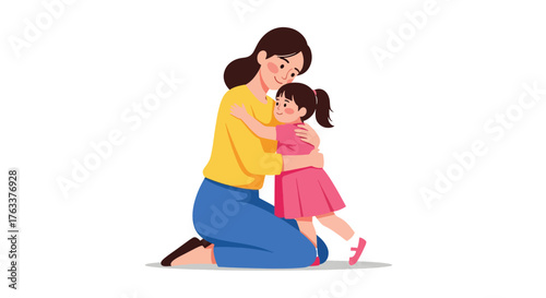 Loving mother embracing her young daughter in a warm hug.