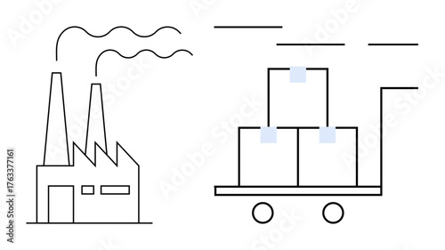 Factory emitting smoke alongside a wheeled trolley loaded with stacked boxes. Ideal for production, logistics, distribution, industry, supply chain, shipping, warehouse, simple flat metaphor