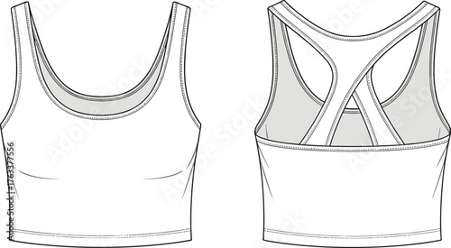 Women sports bra front and back technical flat sketch, activewear design, fashion cad drawing, vector illustration, fitness apparel template, garment outline