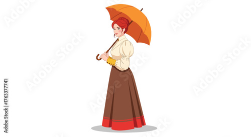 Woman in vintage attire holding an orange umbrella depicted in a stylized illustration.