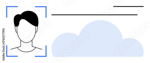 Persons face framed by face recognition interface beside cloud and data lines. Ideal for security, biometrics, cloud computing, identity, technology, software, innovation. Minimal flat metaphor