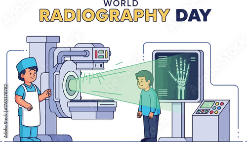 World radiography day illustration with doctor and patient undergoing xray examination