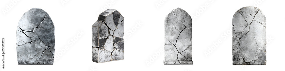 Fototapeta premium Old Tombstone Collection: Weathered and Cracked Memorials Isolated on White