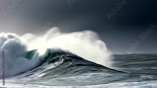 Powerful Ocean Waves and Lightning During a Dramatic Storm at Sea.
