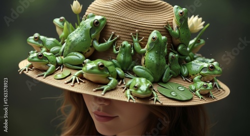 Woman wearing straw hat adorned with many green frogs and lily pad. Nature inspired fashion for summer. Animal kingdom apparel concept.