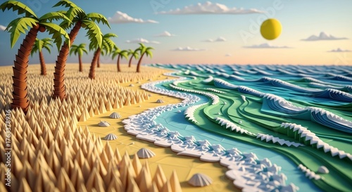 Paper craft tropical beach with palm tree and ocean waves. Summer holiday vacation concept for travel agency.