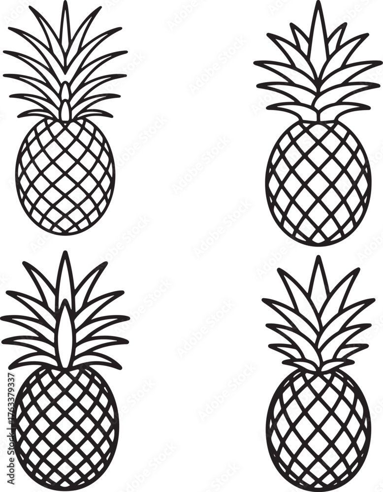Fototapeta premium Set of Pineapple Outline vector illustration isolated On Transparent Background