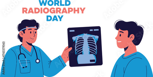 Doctor showing xray to patient for world radiography day medical examination and diagnosis