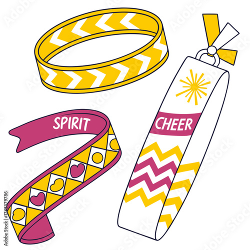 Collection of Cheerleading Accessories Including Bracelets and Ribbons Keywords: cheerleading, accessories, bracelets, ribbons, spirit, cheer, friendship, friendship bracelet, chevron pattern