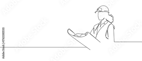 One continuous line design of a female engineer reading a construction plan. simple linear style Editable stroke. Doodle vector illustration