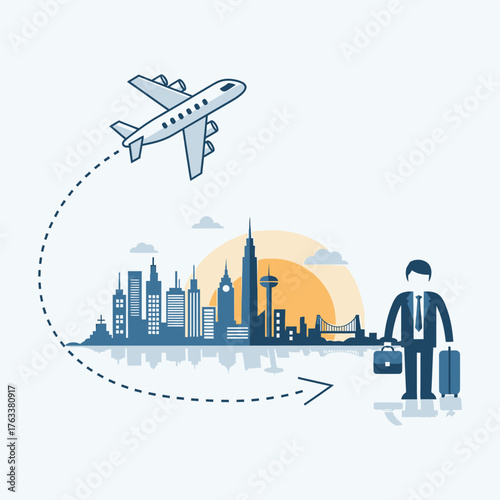 Businessman with luggage and airplane flying over city skyline at sunset, business travel concept