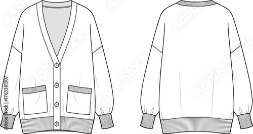 Women's oversized button-up cardigan sweater front and back view, fashion flat sketch, vector CAD drawing, knitwear design illustration, casual apparel