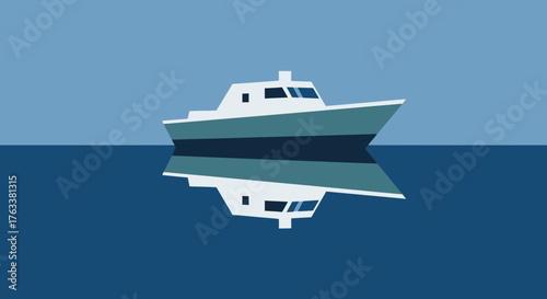 Boat floating on water with reflection in the ocean.