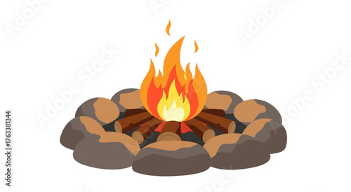 Campfire Burning Brightly with Surrounding Rocks and Flames.