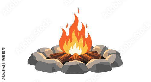 Cartoon campfire with burning logs and stone ring illustration.