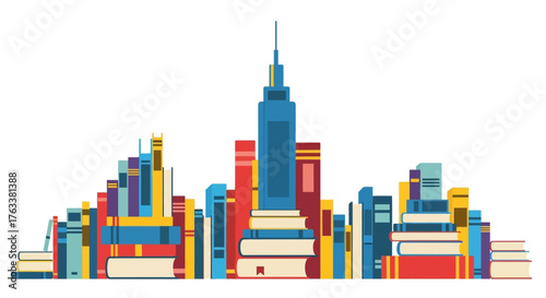 Cityscape formed by colorful books representing knowledge and education.