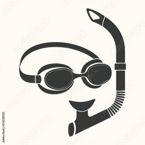 Vector art of a black silhouette of a snorkel and goggles set against a cream background, representing swimming and diving equipment