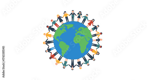 Diverse group of people holding hands around planet Earth.