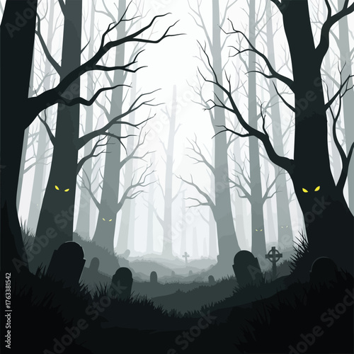 Vector illustration of spooky forest graveyard at night with silhouetted trees, tombstones, and glowing eyes in the fog