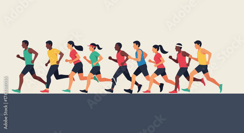 Diverse Group of Runners Sprinting Together in a Race.