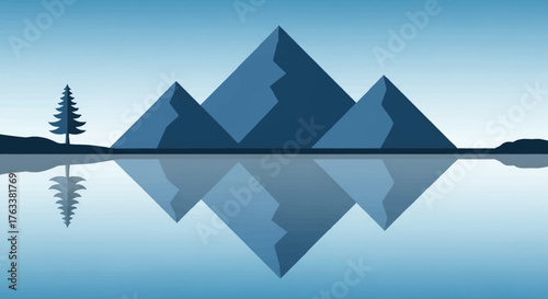 Minimalist Mountain Landscape with Reflection in Calm Water.