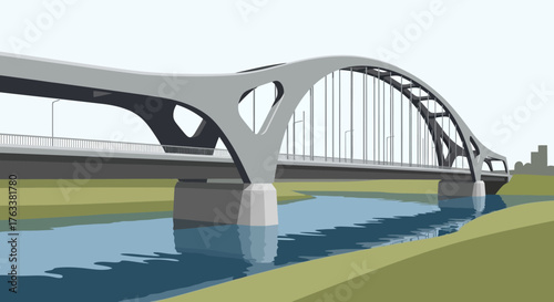 Modern Arch Bridge Spanning a River with Green Banks.