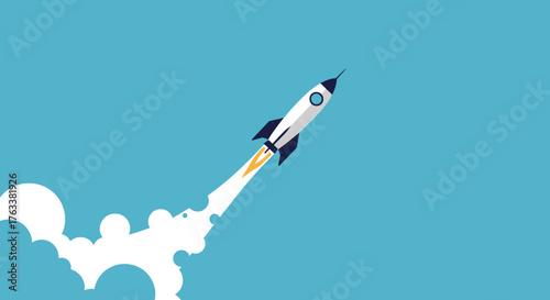 Rocket Launching into Blue Sky with Smoke Trail.