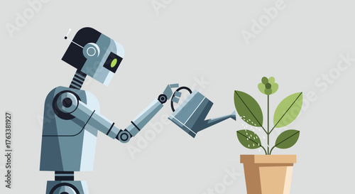 Robot Nurturing Plant - Futuristic Gardening and Technology.