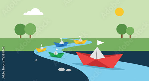Red Paper Boat Leading a Fleet Down a Winding River.