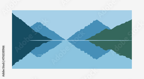 Serene Mountain Reflection Landscape in Blue and Green.