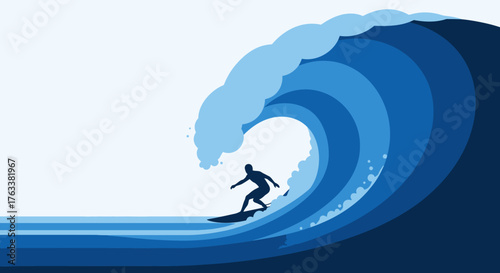 Silhouette of a surfer riding a massive ocean wave.