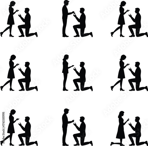 Marriage proposal silhouette, romantic gesture poses, engagement moment, black vector art, cad drawing flat vector illustration, minimal design