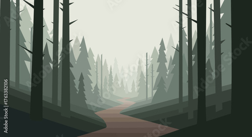 Vector landscape of a mysterious foggy forest with a trail.