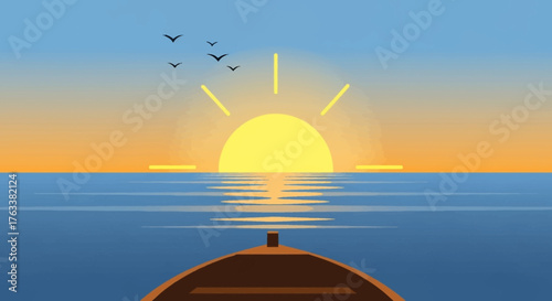 Vector illustration of a serene sunrise over the calm ocean from a boat.